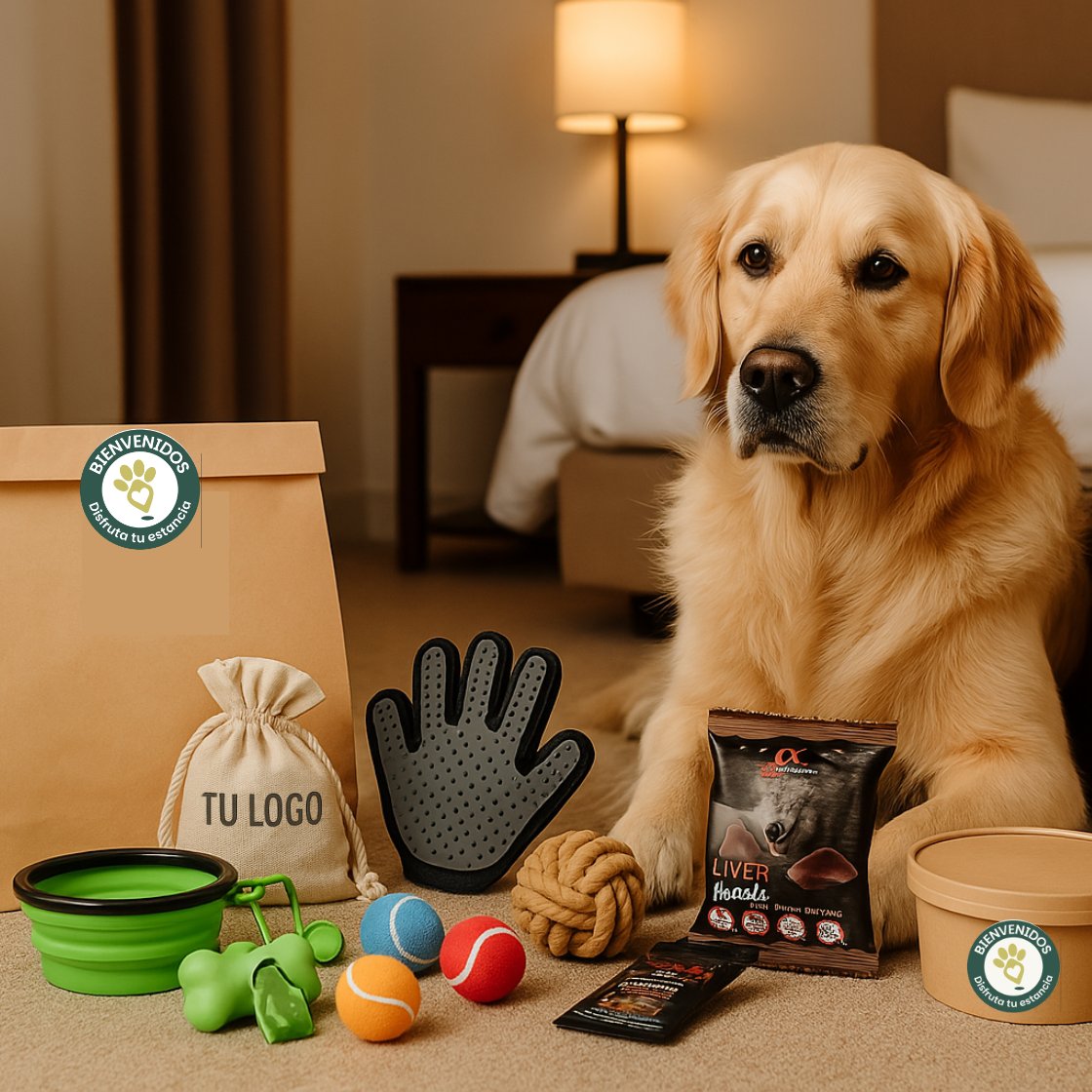 Perro en un hotel junto a su kit de bienvenida de Viajes 4Patas