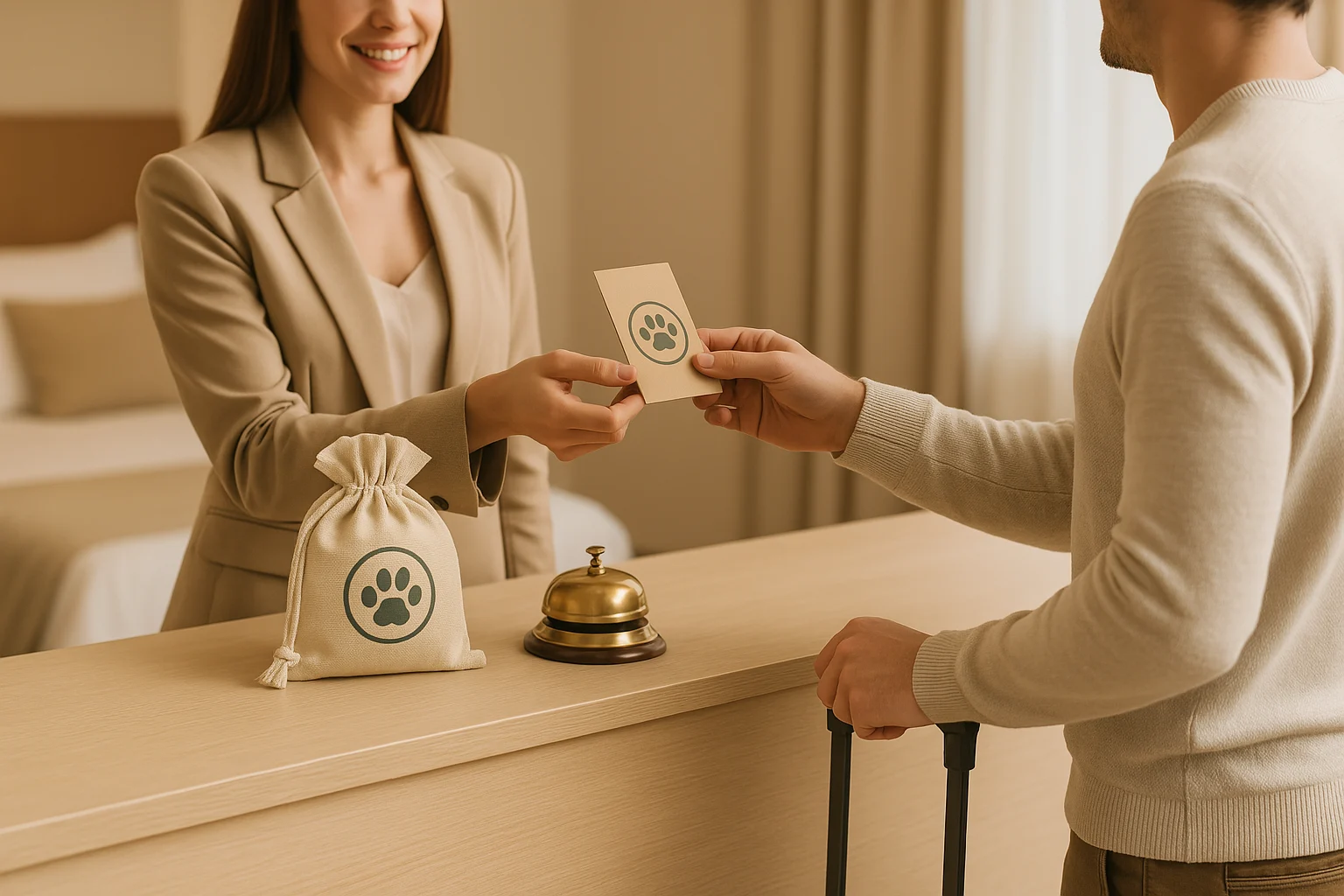 Recepción de hotel entregando un kit personalizado