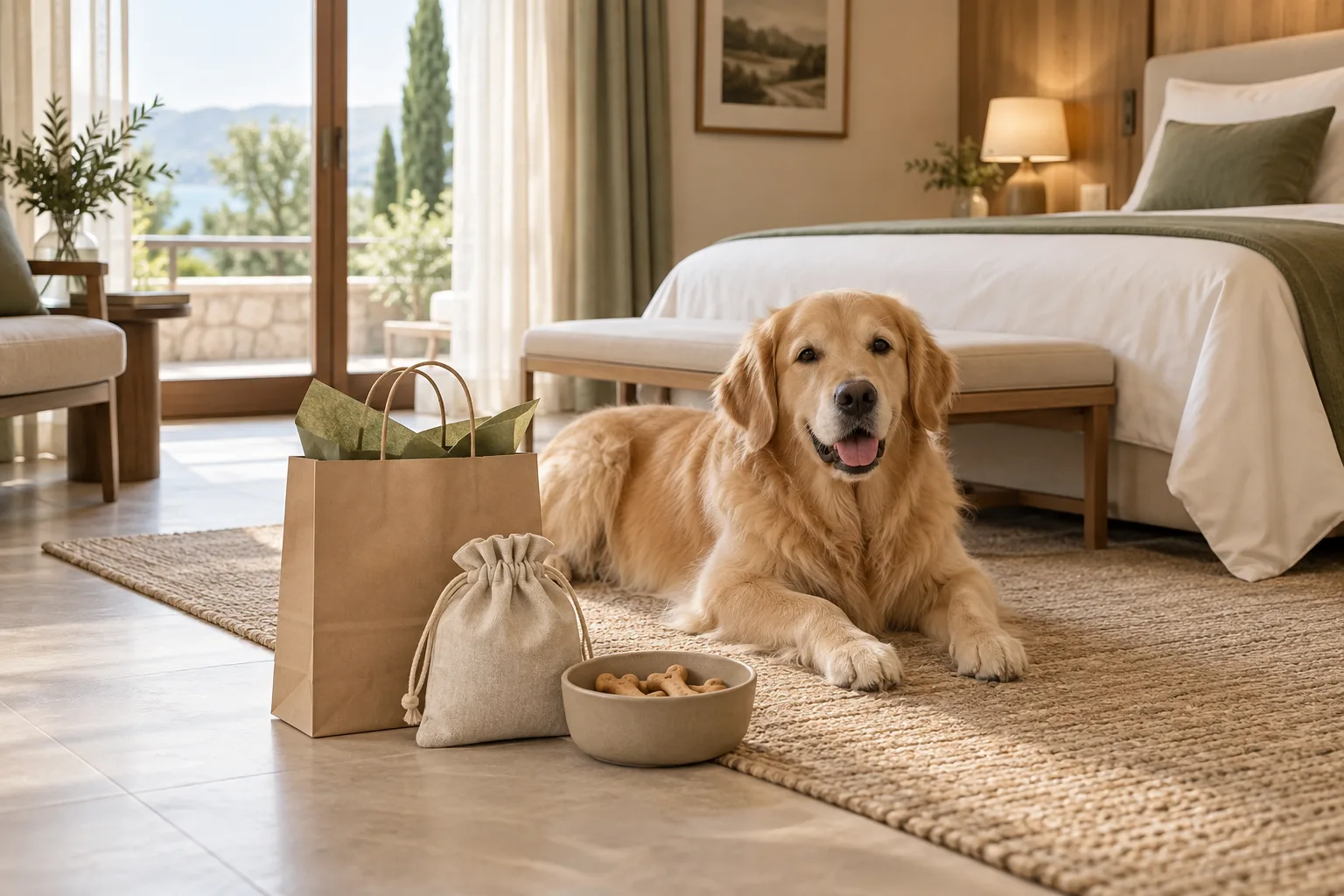 Perro descansando en una habitación de hotel junto a su kit de bienvenida