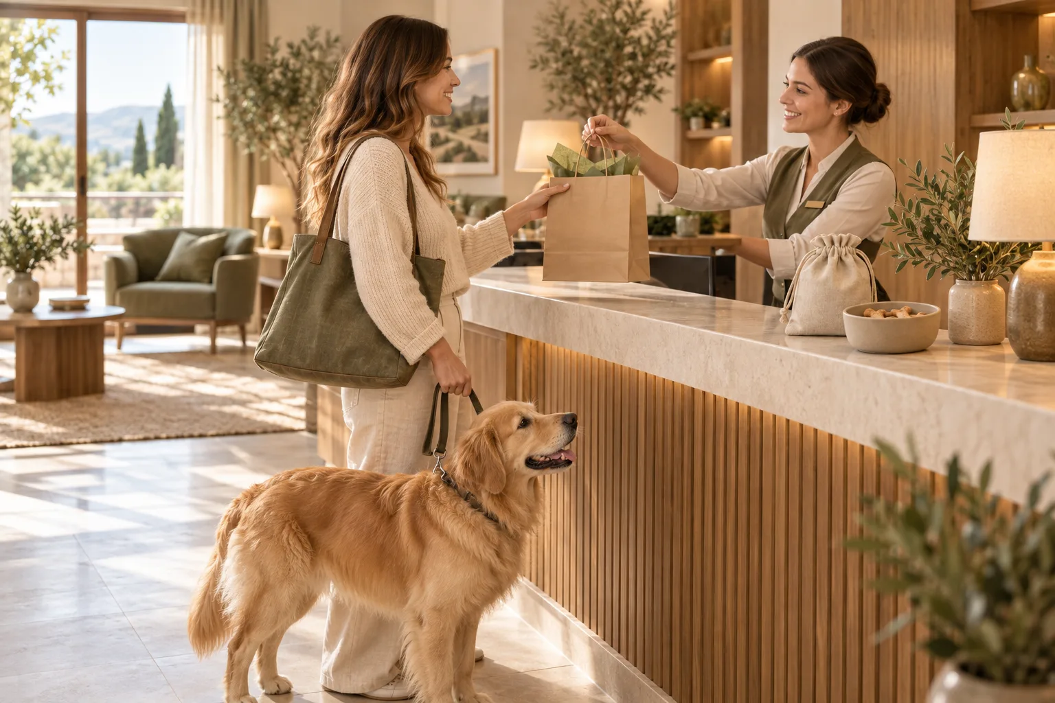 Recepcionista entregando el kit de bienvenida a un huésped con su perro